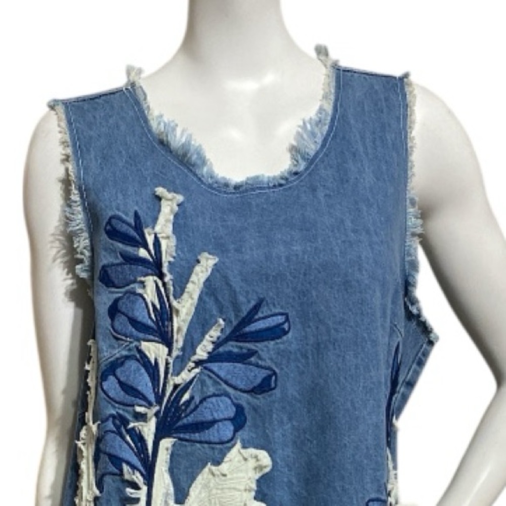 Anthropologie Dor Dor Couture Denim Dress Floral Applique Fray Sleeveless XLarge - Picture 11 of 16